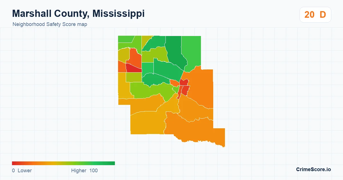 Marshall County, Mississippi neighborhood Safety Score map by Census block group