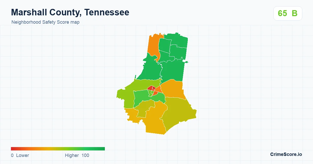 Marshall County, Tennessee neighborhood Safety Score map by Census block group