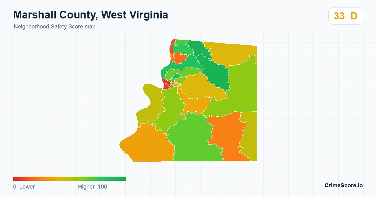 Marshall County, West Virginia neighborhood Safety Score map by Census block group