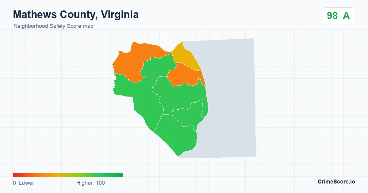 Mathews County, Virginia neighborhood Safety Score map by Census block group