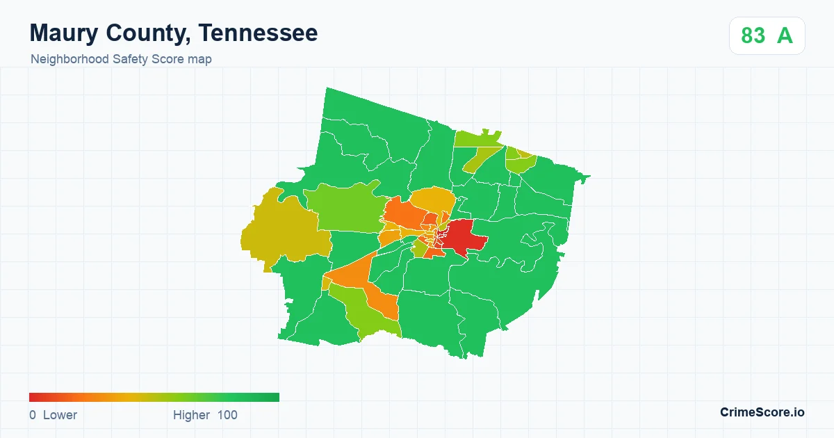 Maury County, Tennessee neighborhood Safety Score map by Census block group