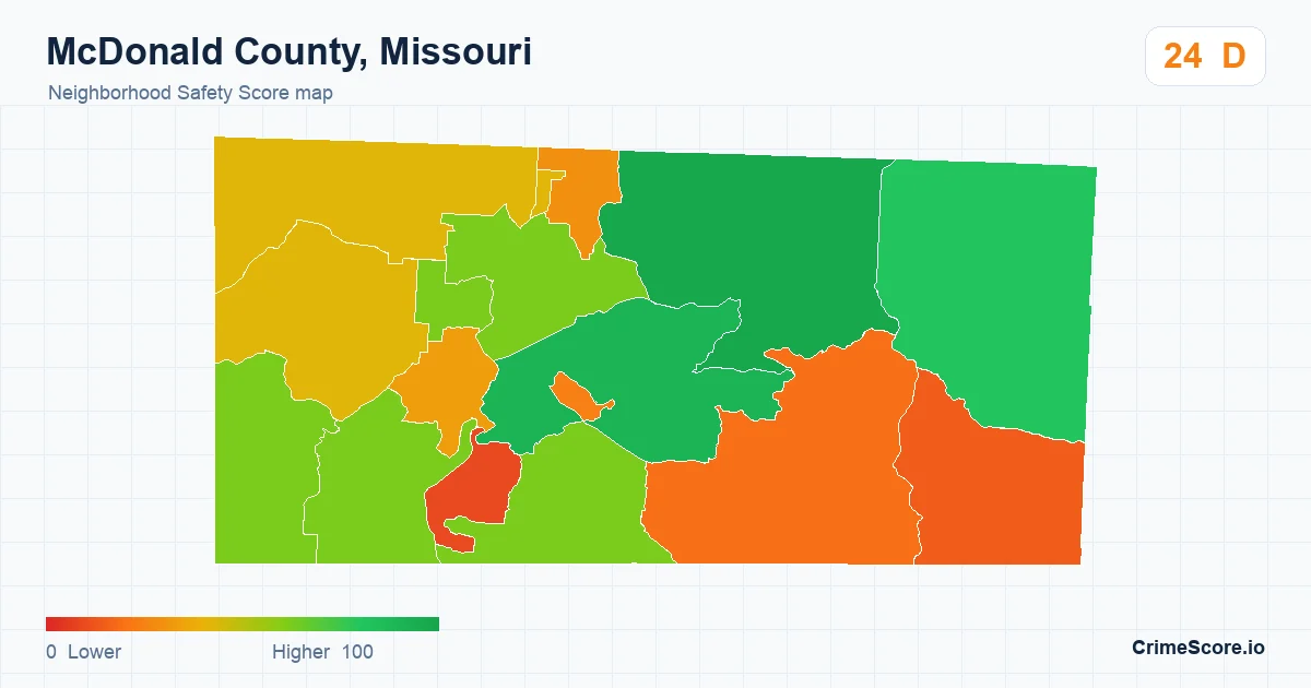 McDonald County, Missouri neighborhood Safety Score map by Census block group