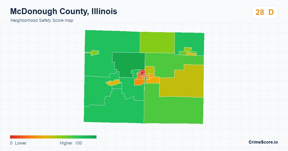 McDonough County, Illinois neighborhood Safety Score map by Census block group