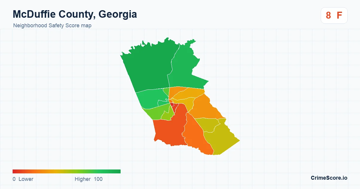 McDuffie County, Georgia neighborhood Safety Score map by Census block group