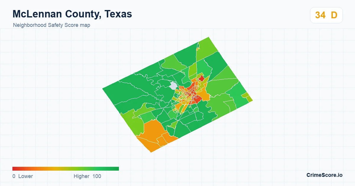 McLennan County, Texas neighborhood Safety Score map by Census block group