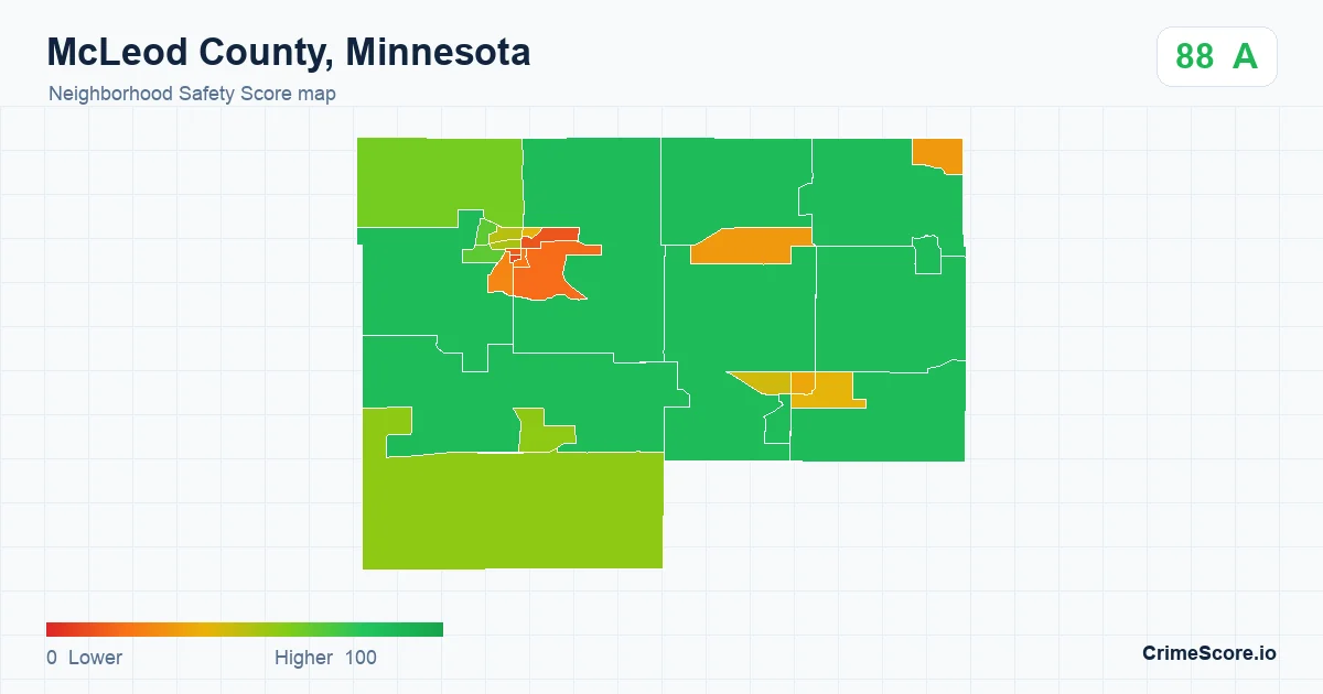 McLeod County, Minnesota neighborhood Safety Score map by Census block group
