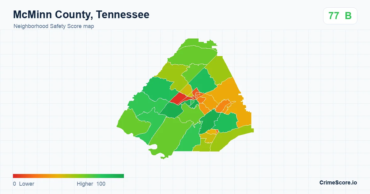 McMinn County, Tennessee neighborhood Safety Score map by Census block group
