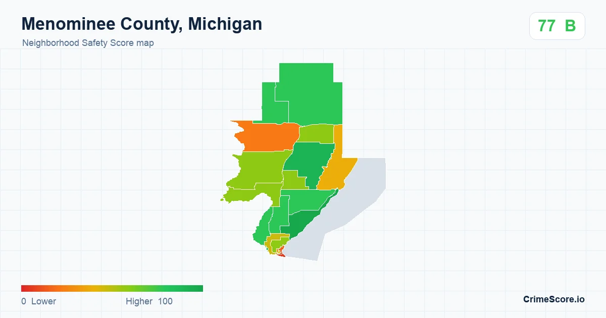 Menominee County, Michigan neighborhood Safety Score map by Census block group