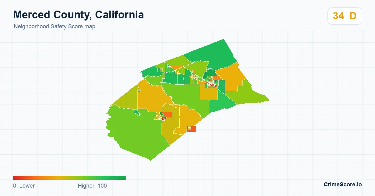 Merced County, California neighborhood Safety Score map by Census block group