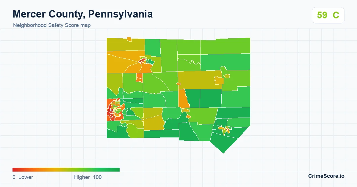 Mercer County, Pennsylvania neighborhood Safety Score map by Census block group