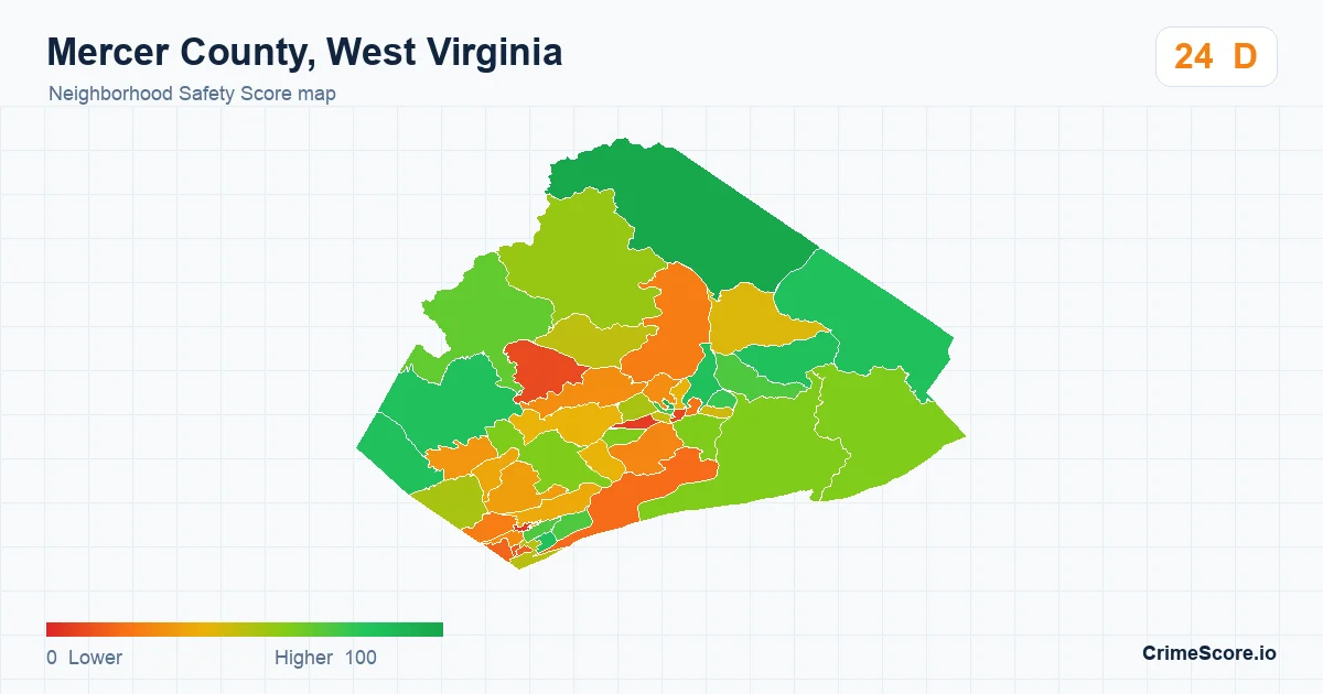 Mercer County, West Virginia neighborhood Safety Score map by Census block group