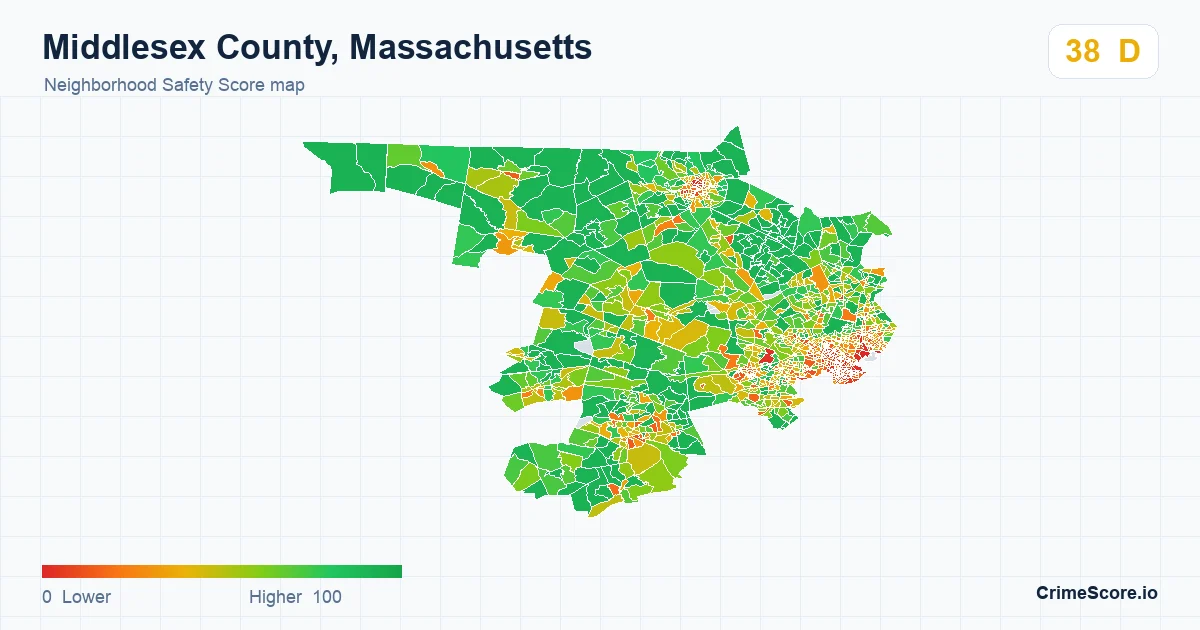 Middlesex County, Massachusetts neighborhood Safety Score map by Census block group