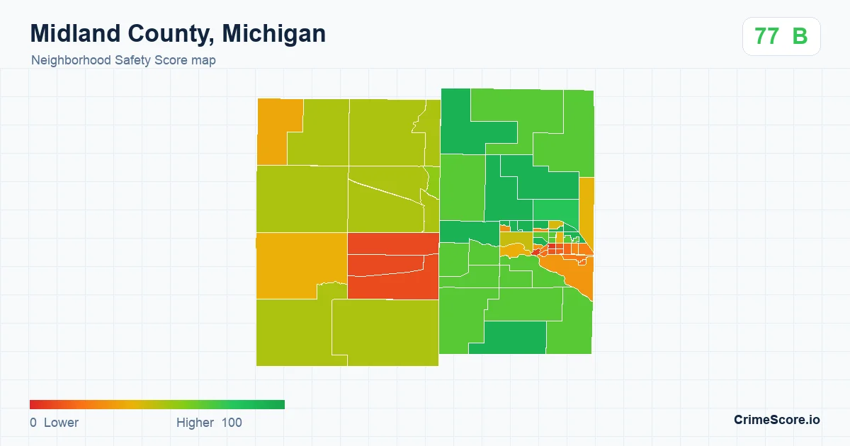 Midland County, Michigan neighborhood Safety Score map by Census block group