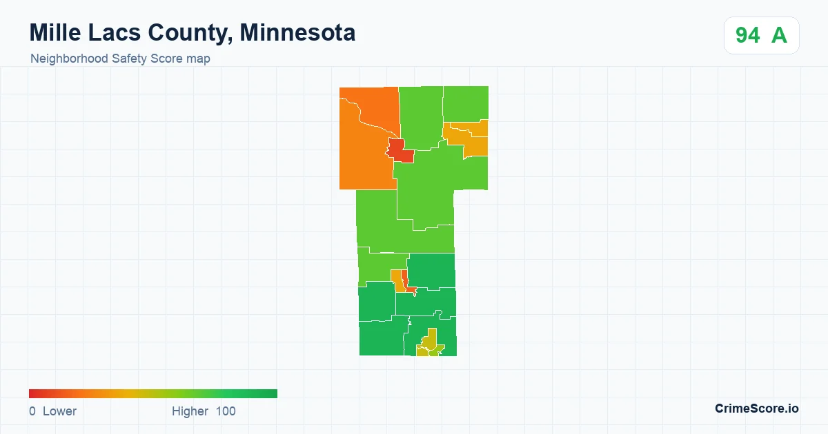 Mille Lacs County, Minnesota neighborhood Safety Score map by Census block group