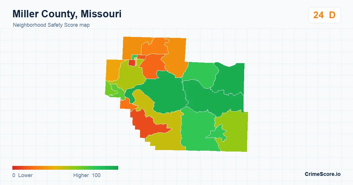 Miller County, Missouri neighborhood Safety Score map by Census block group