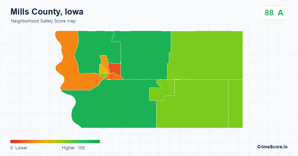 Mills County, Iowa neighborhood Safety Score map by Census block group