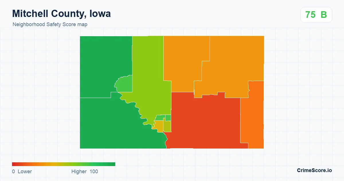 Mitchell County, Iowa neighborhood Safety Score map by Census block group