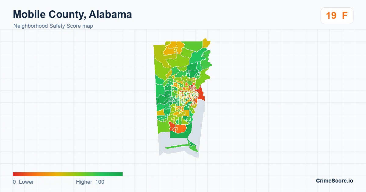 Mobile County, Alabama neighborhood Safety Score map by Census block group