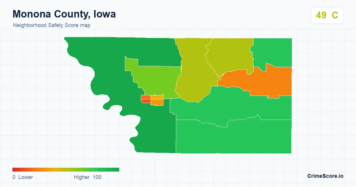 Monona County, Iowa neighborhood Safety Score map by Census block group