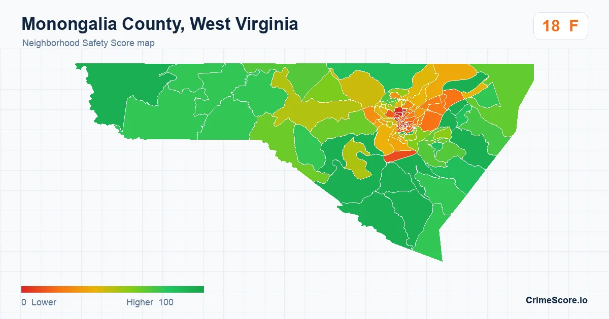 Monongalia County, West Virginia neighborhood Safety Score map by Census block group