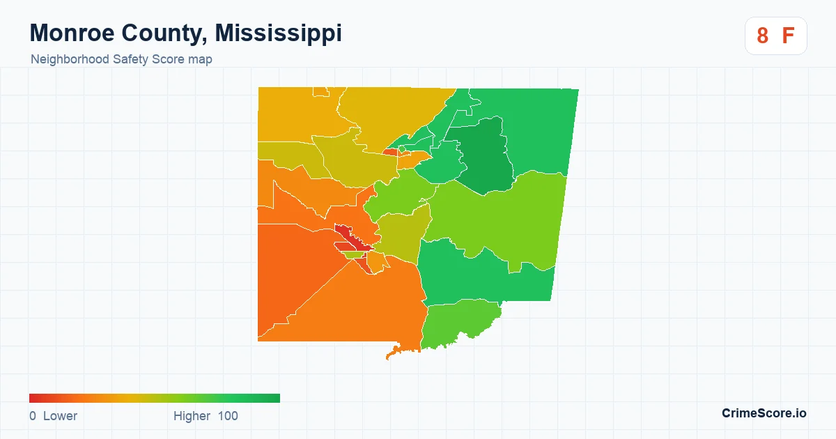 Monroe County, Mississippi neighborhood Safety Score map by Census block group