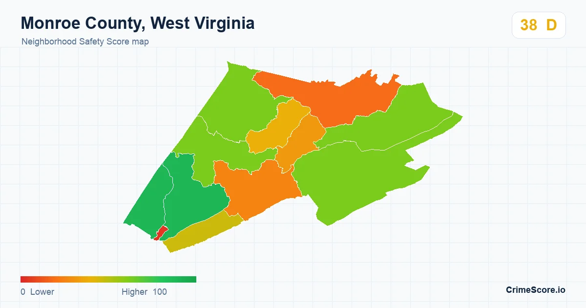Monroe County, West Virginia neighborhood Safety Score map by Census block group