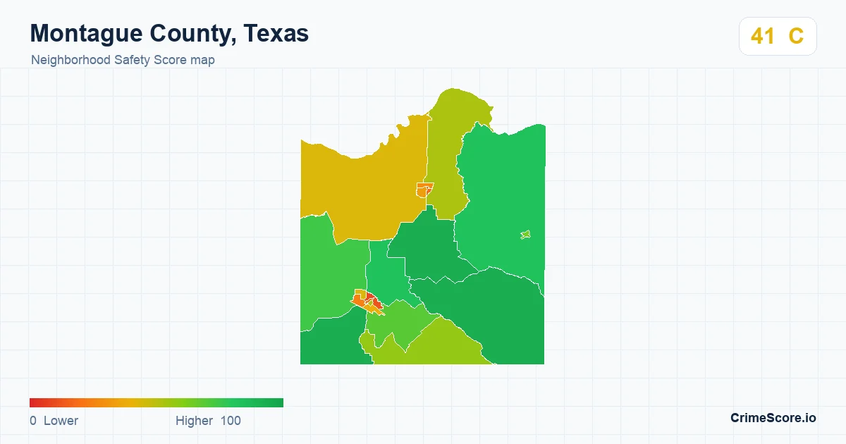 Montague County, Texas neighborhood Safety Score map by Census block group