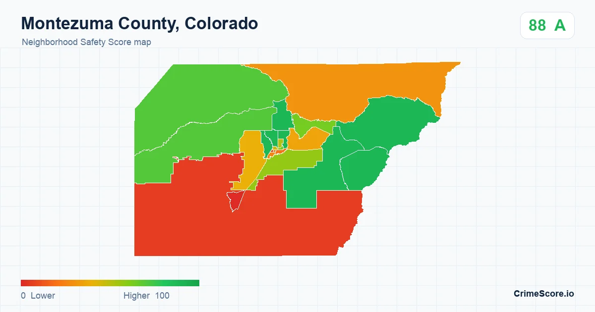 Montezuma County, Colorado neighborhood Safety Score map by Census block group