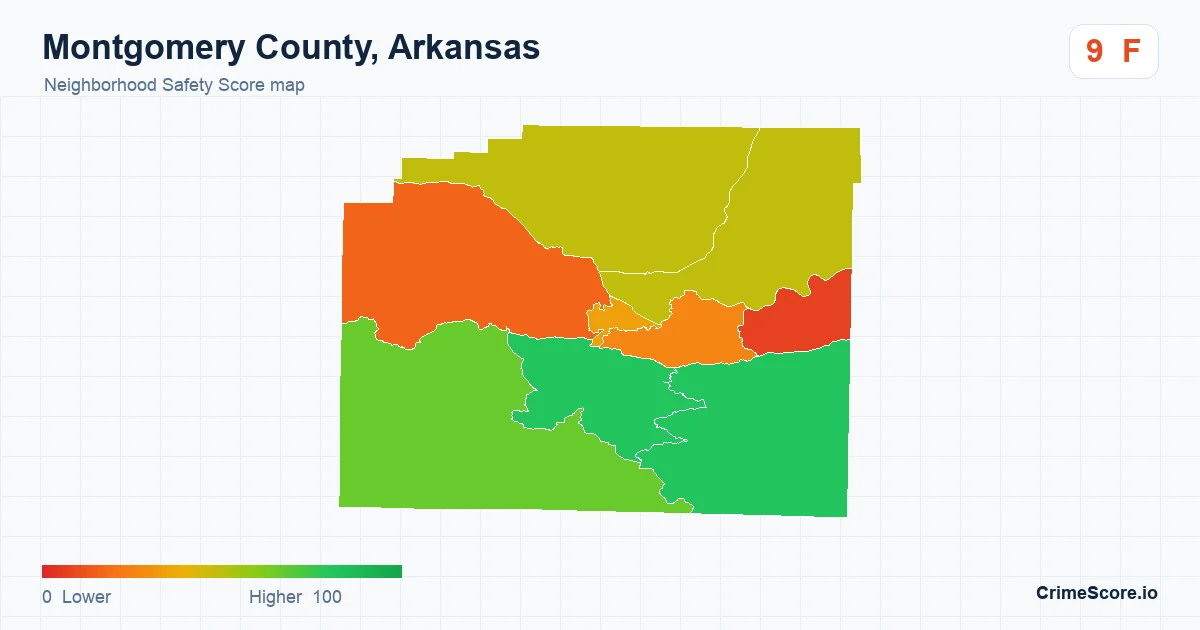 Montgomery County, Arkansas neighborhood Safety Score map by Census block group