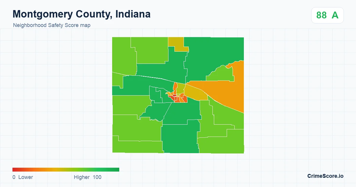 Montgomery County, Indiana neighborhood Safety Score map by Census block group