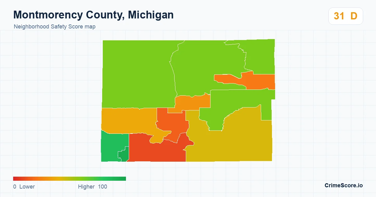 Montmorency County, Michigan neighborhood Safety Score map by Census block group