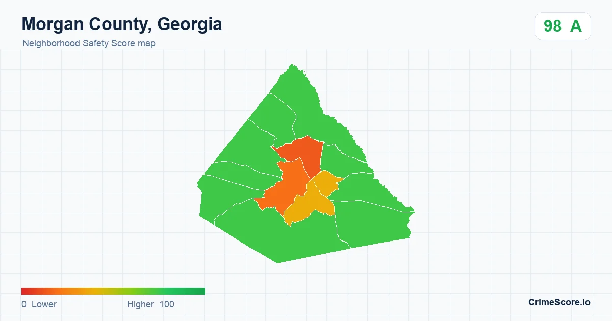 Morgan County, Georgia neighborhood Safety Score map by Census block group