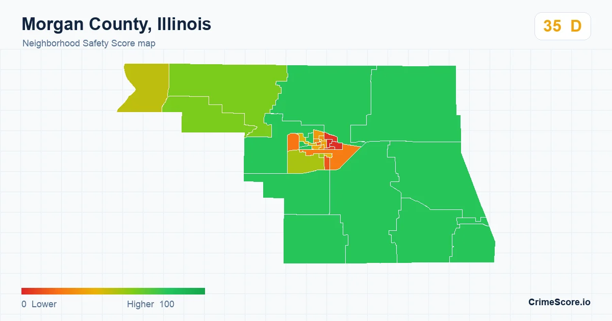 Morgan County, Illinois neighborhood Safety Score map by Census block group