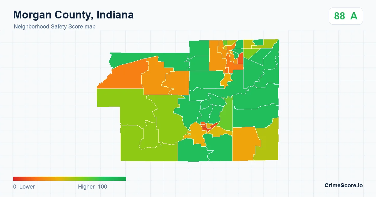 Morgan County, Indiana neighborhood Safety Score map by Census block group