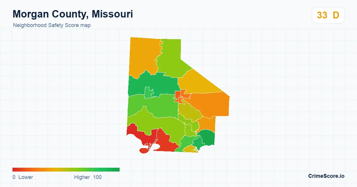 Morgan County, Missouri neighborhood Safety Score map by Census block group