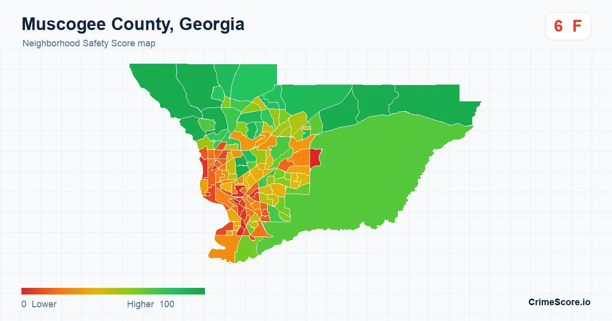 Muscogee County, Georgia neighborhood Safety Score map by Census block group