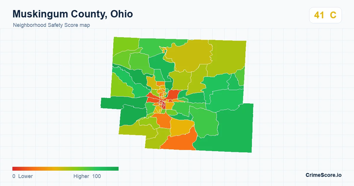 Muskingum County, Ohio neighborhood Safety Score map by Census block group