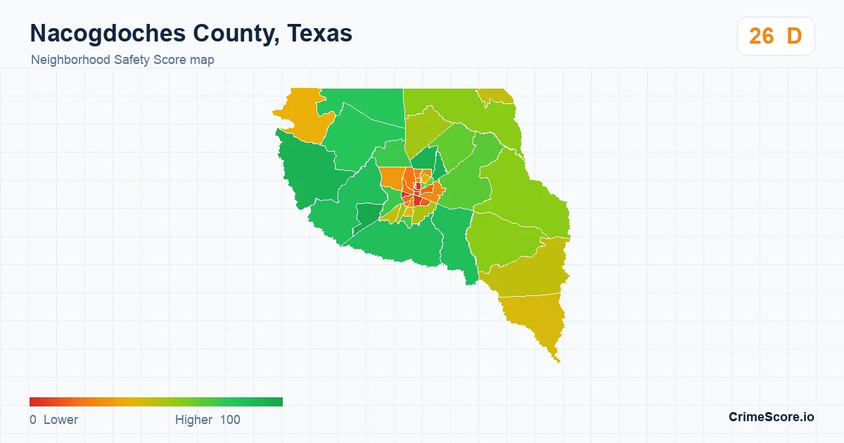 Nacogdoches County, Texas neighborhood Safety Score map by Census block group