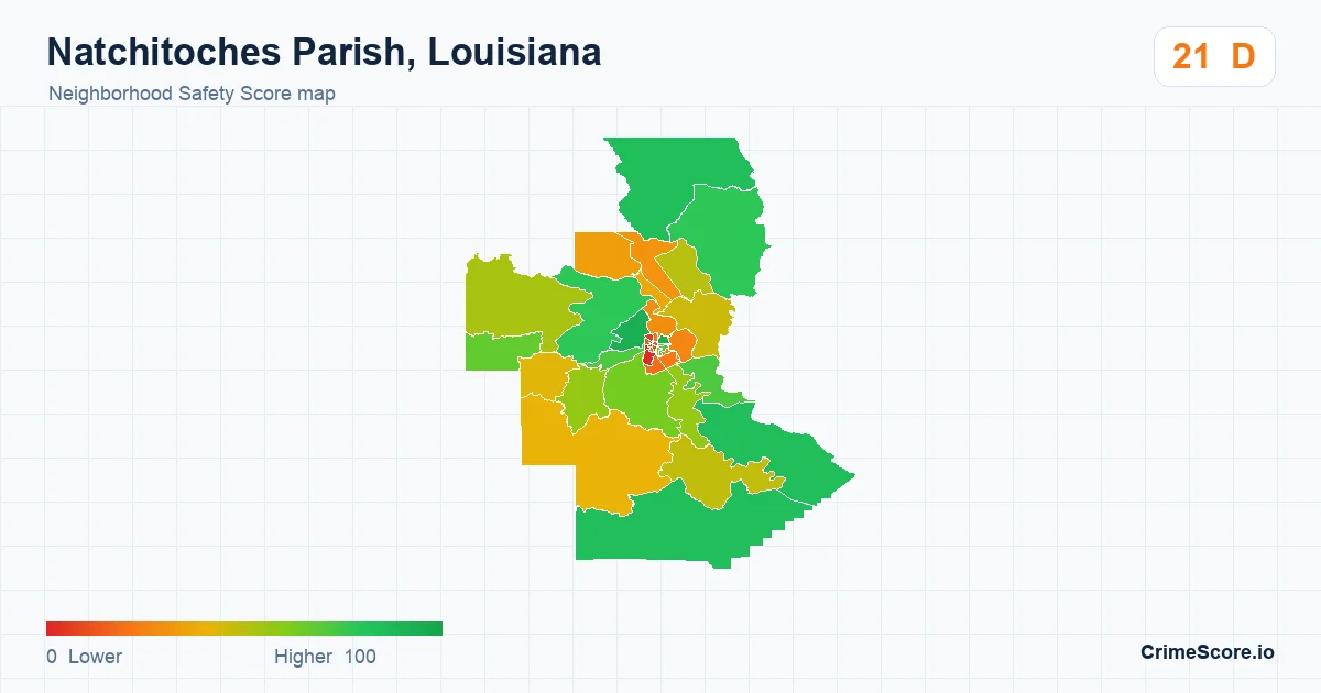 Natchitoches Parish, Louisiana neighborhood Safety Score map by Census block group