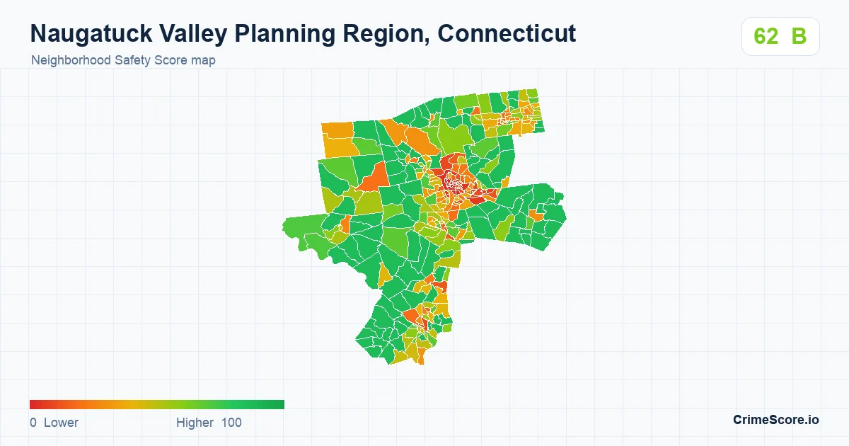 Naugatuck Valley Planning Region, Connecticut neighborhood Safety Score map by Census block group