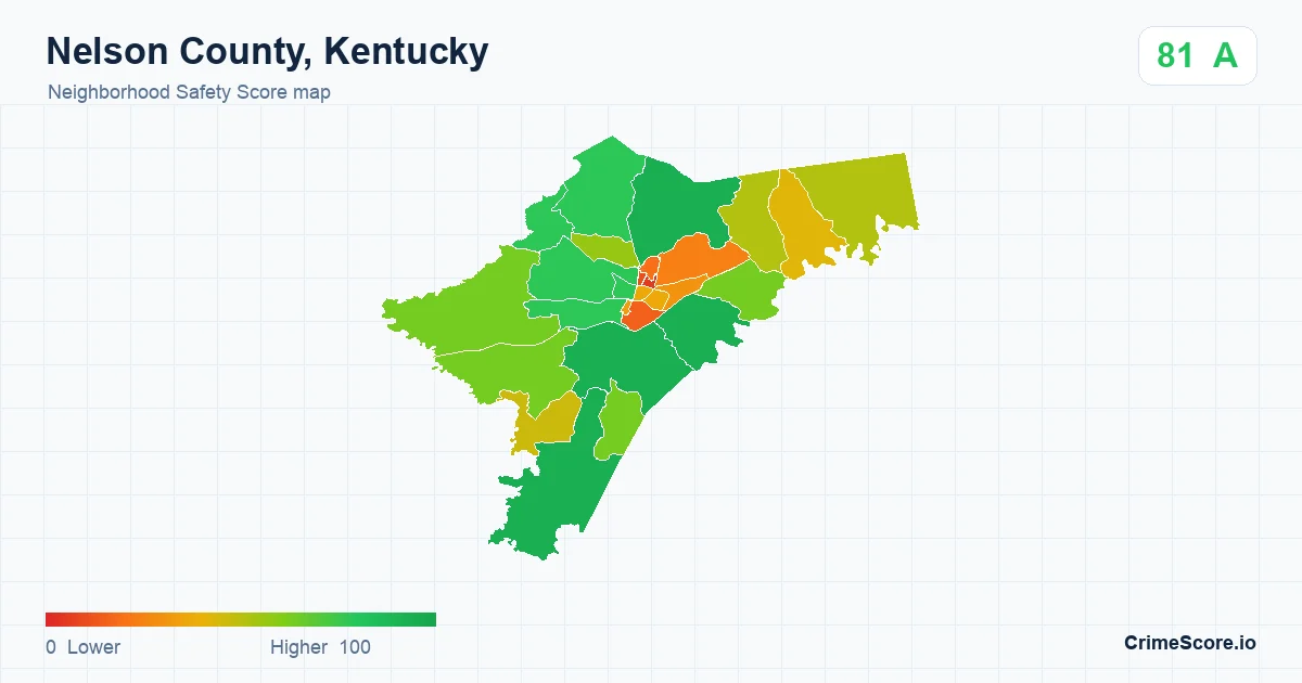 Nelson County, Kentucky neighborhood Safety Score map by Census block group