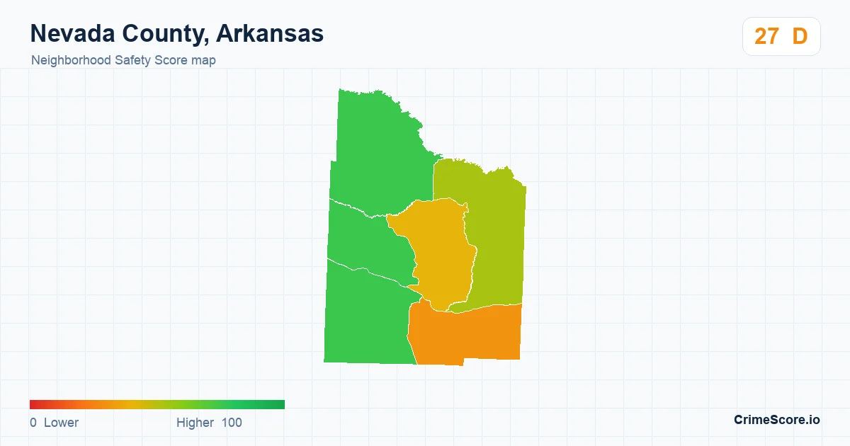 Nevada County, Arkansas neighborhood Safety Score map by Census block group