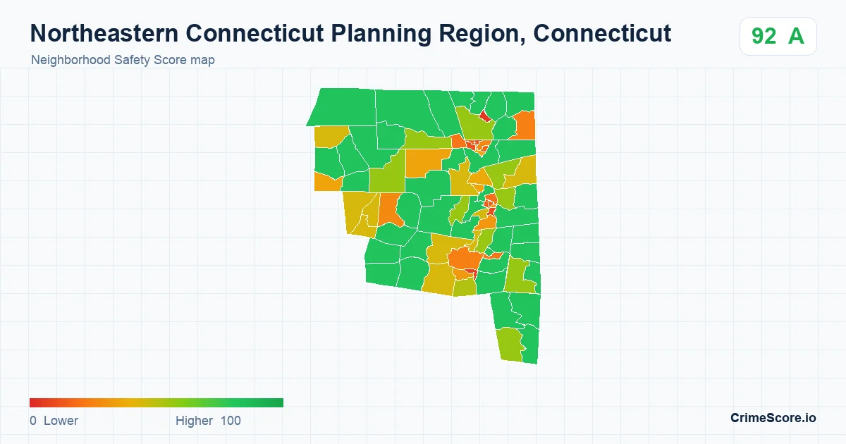 Northeastern Connecticut Planning Region, Connecticut neighborhood Safety Score map by Census block group