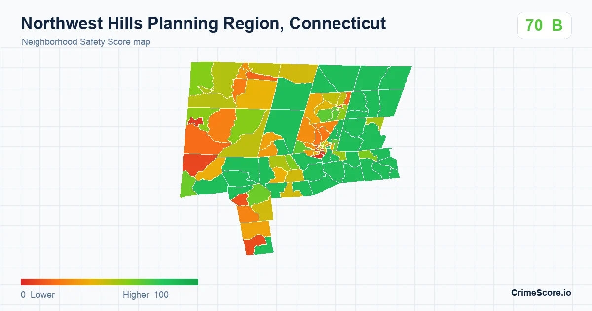 Northwest Hills Planning Region, Connecticut neighborhood Safety Score map by Census block group