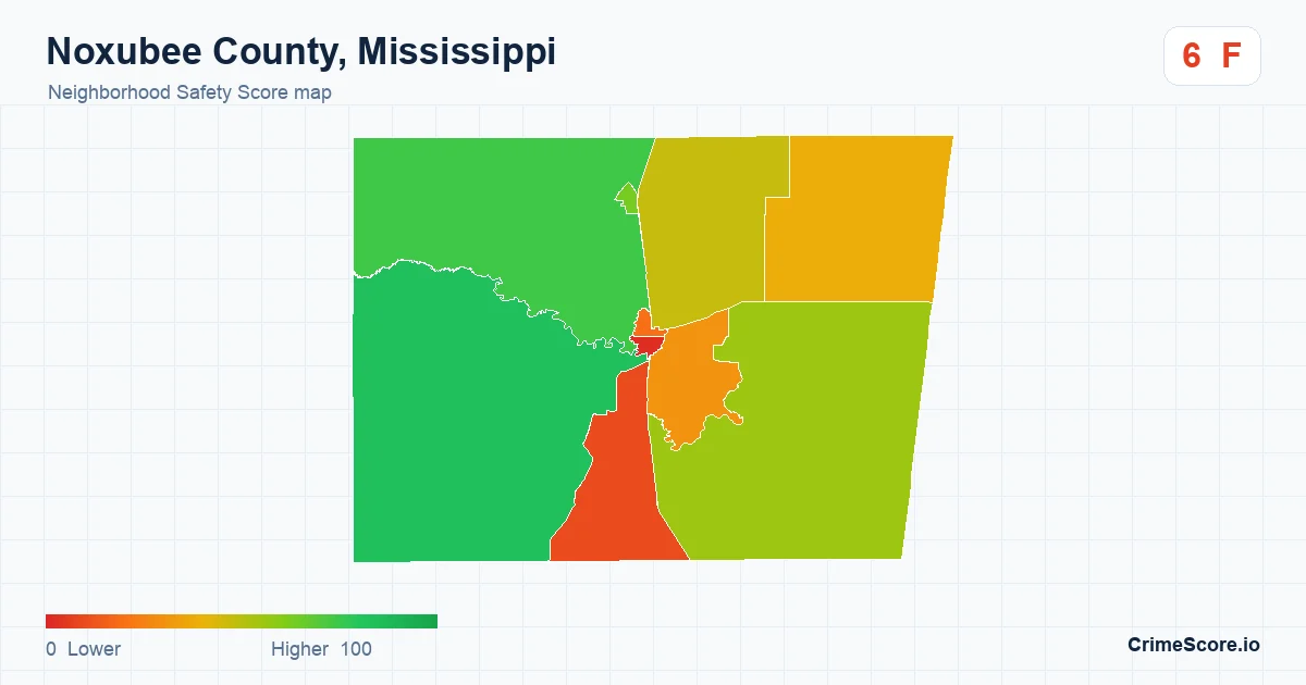 Noxubee County, Mississippi neighborhood Safety Score map by Census block group