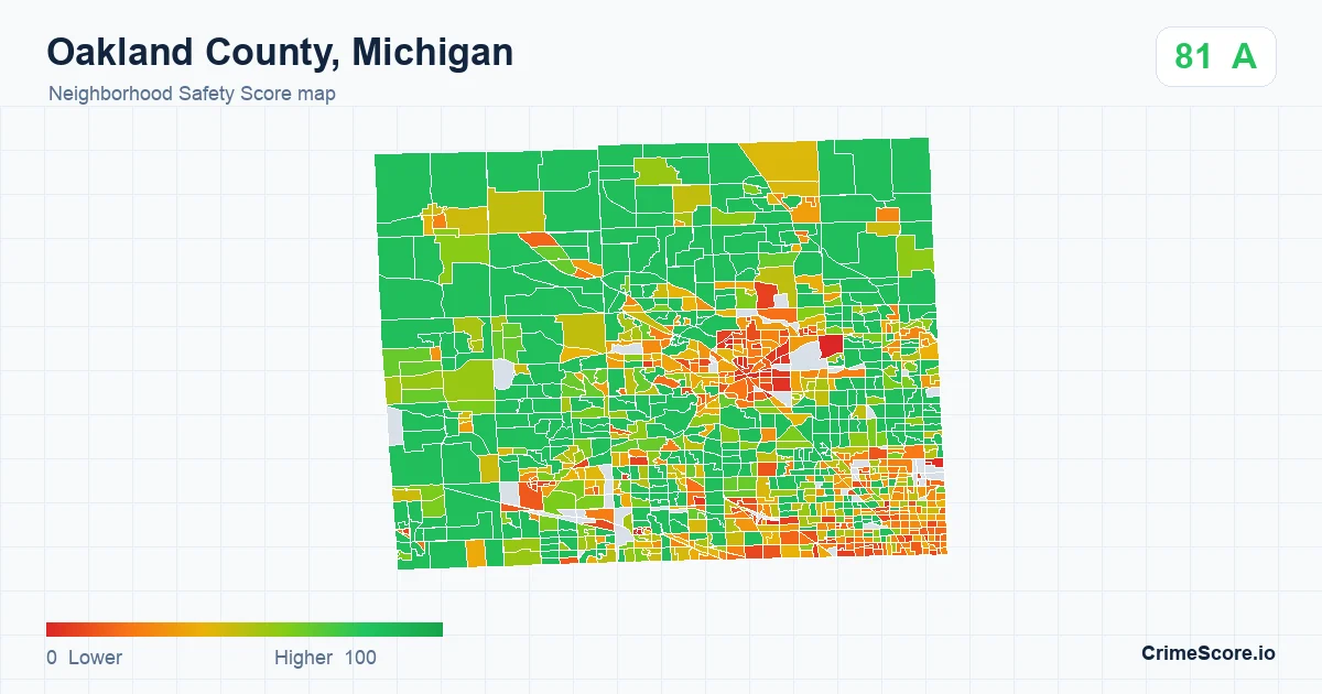 Oakland County, Michigan neighborhood Safety Score map by Census block group