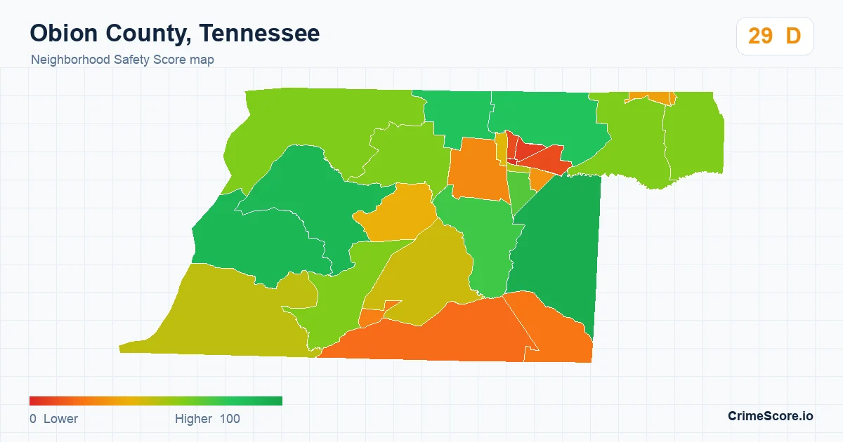 Obion County, Tennessee neighborhood Safety Score map by Census block group