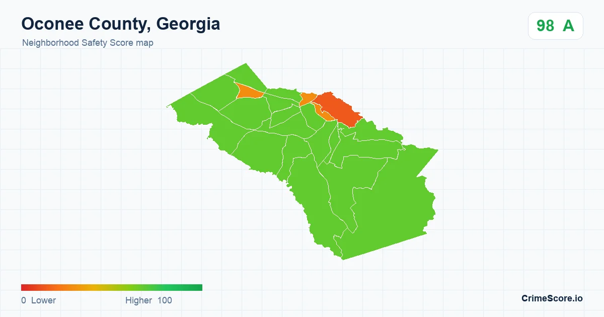 Oconee County, Georgia neighborhood Safety Score map by Census block group