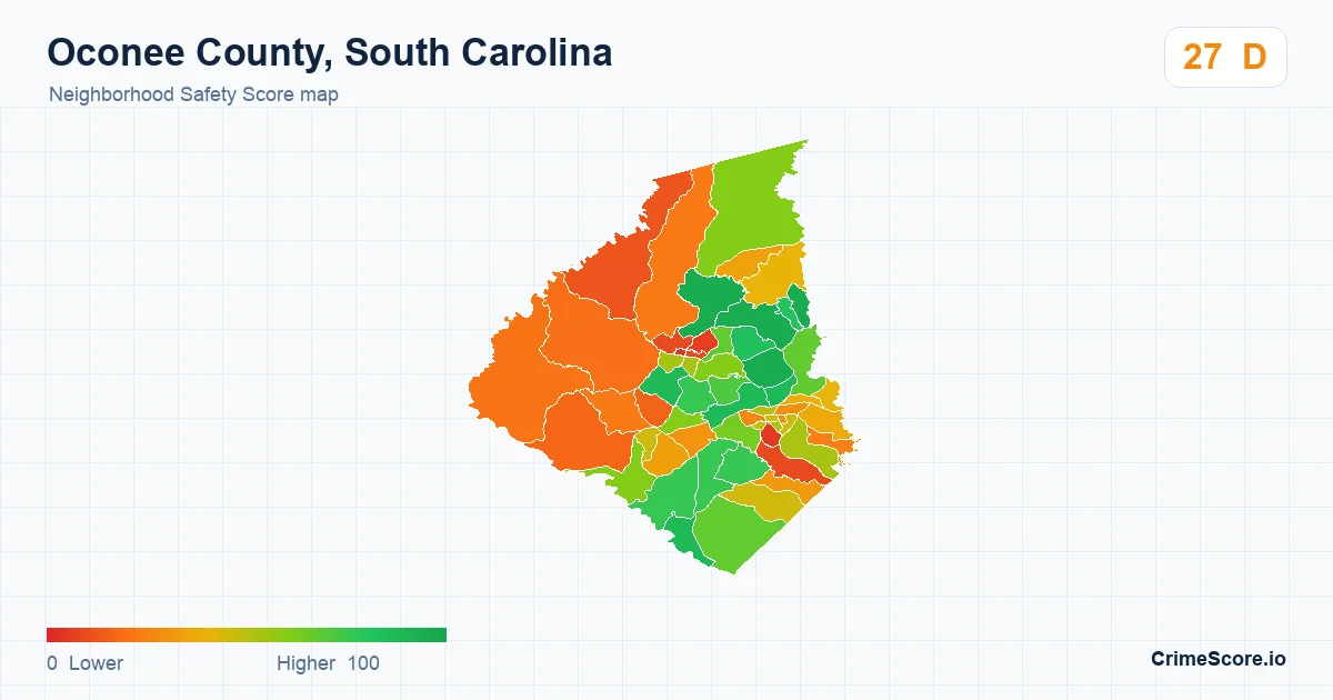 Oconee County, South Carolina neighborhood Safety Score map by Census block group