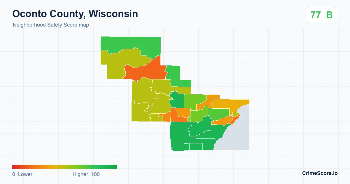 Oconto County, Wisconsin neighborhood Safety Score map by Census block group